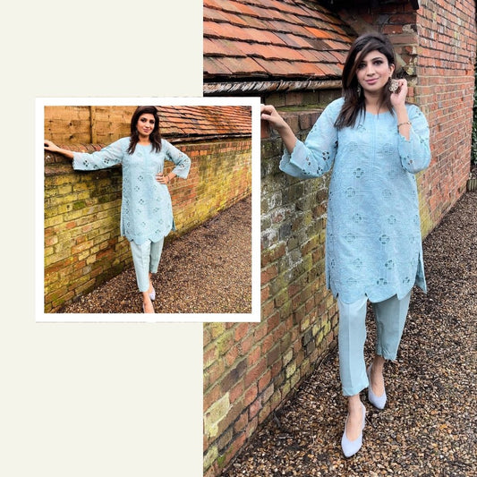 Ice blue chikankari shirt with bell bottom trousers