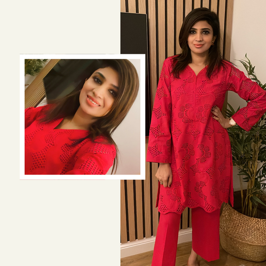 Red chikankari shirt paired with palazzo